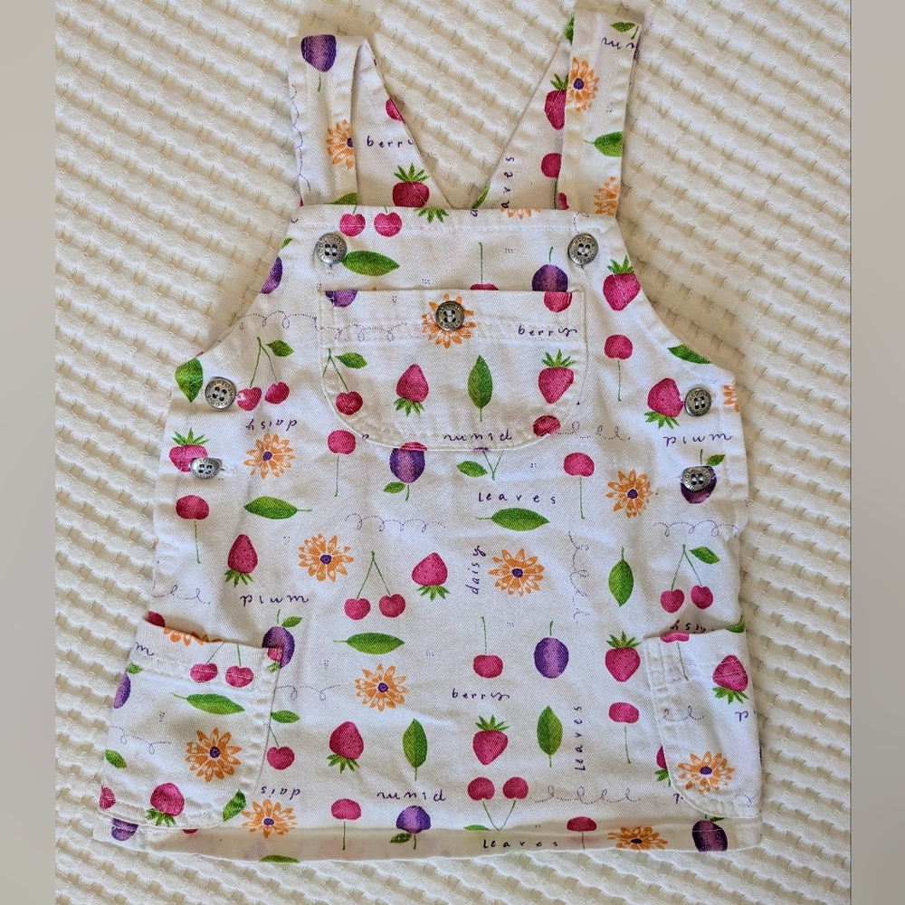 Vintage Oshkosh B'Gosh 90s Berry Fruit Daisy Floral White Overall Dress Size 2T